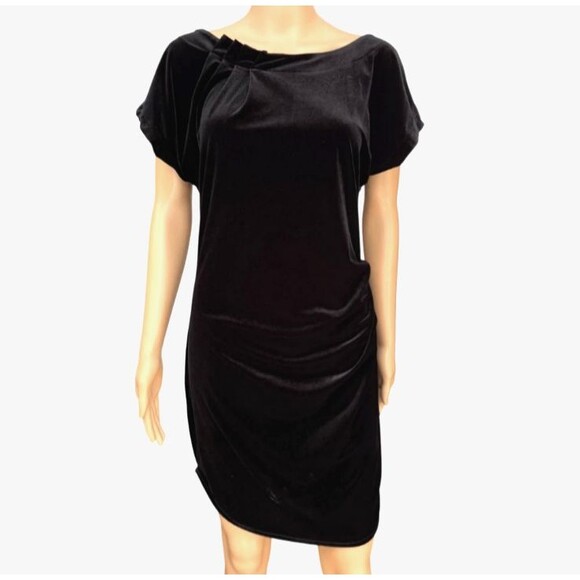 BCBGeneration Velour Ruched Pleated Neckline Mini Dress Womens XS Black Stretch - Picture 14 of 16